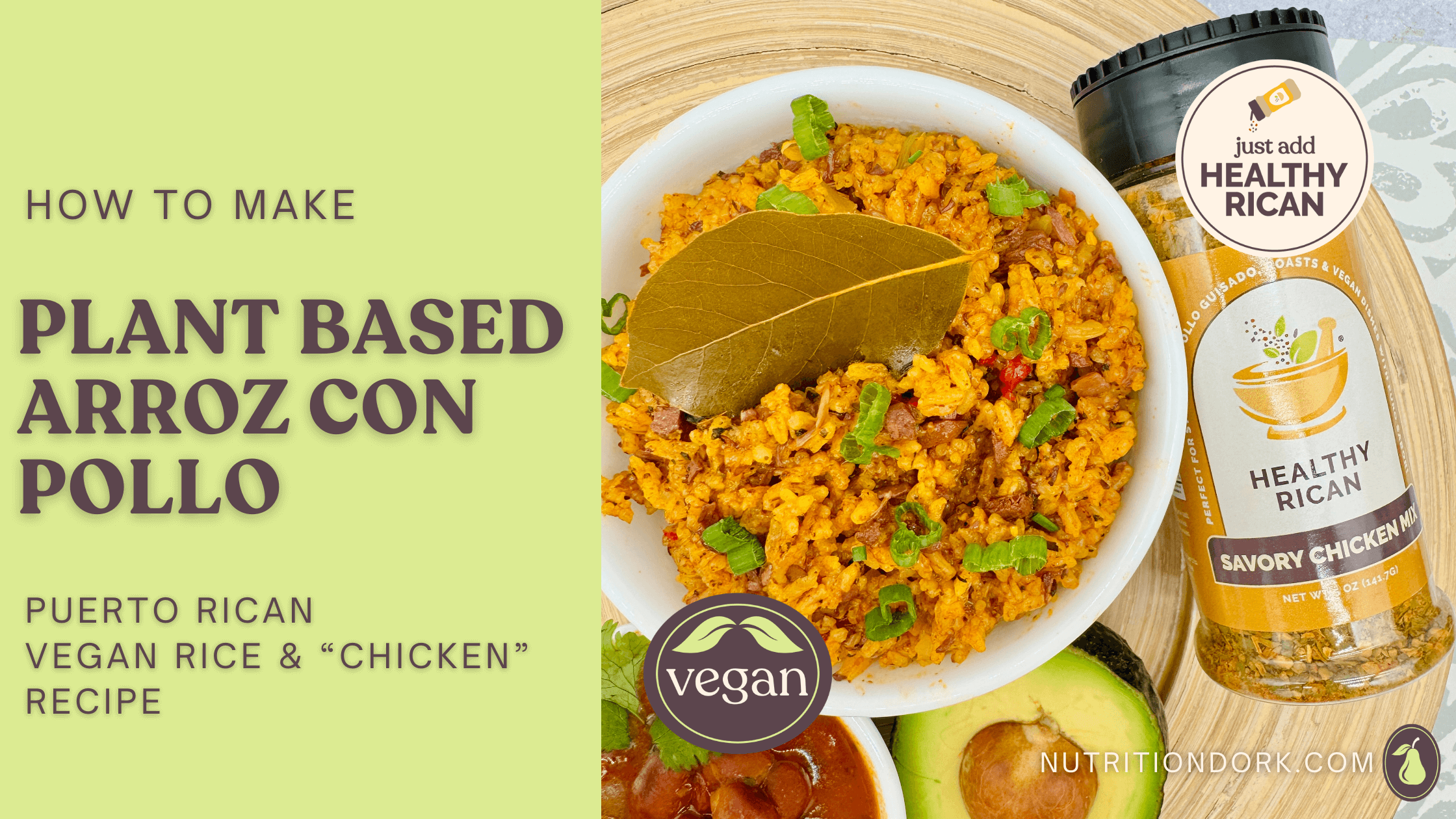 Plant based arroz con pollo rice bowl with green onions and bay leaf, a great option for vegan recipes and meatless dinner ideas.